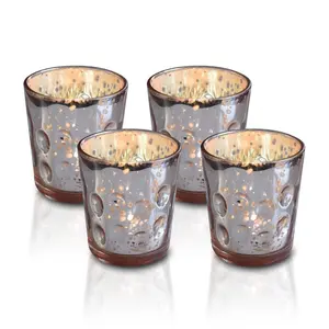 4 Pack | Vintage Mercury Glass Candle Holders (3-Inch, Tess Design, Rose Gold Pink) - for use with Tea Lights - for Home Décor, Parties and Wedding Decorations