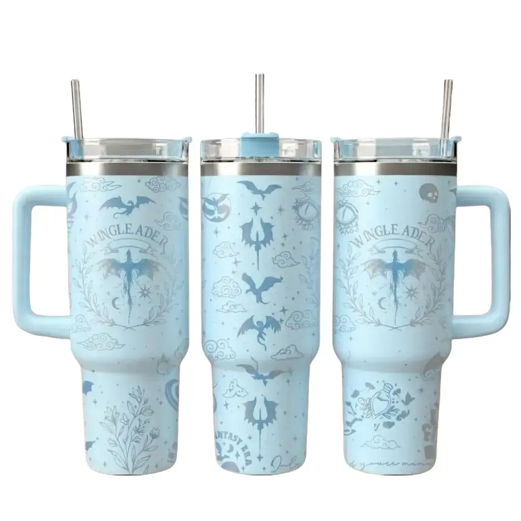 Fourth Wing Wingleader 40oz Insulated Tumbler with Handle and Straw - Light Blue Dragon Stainless Steel Travel Mug