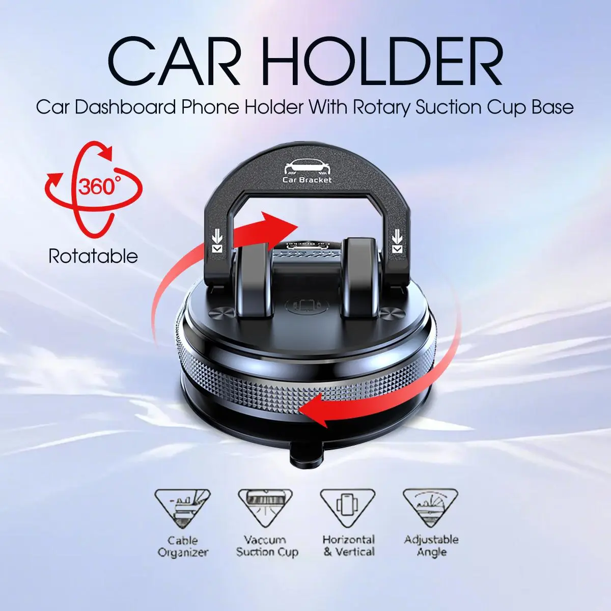 360° Rotating Car Phone Holder, Dashboard Suction Cup Phone Mount with 25° Up/Down Tilt, Portrait & Landscape Adjustable Phone Stand for iPhone and Android