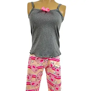 Pajamas Set - Gray Top with Pink Bow, Pink Pajama Pants with Cartoon Design, Comfortable Loungewear for Nightwear Size Small