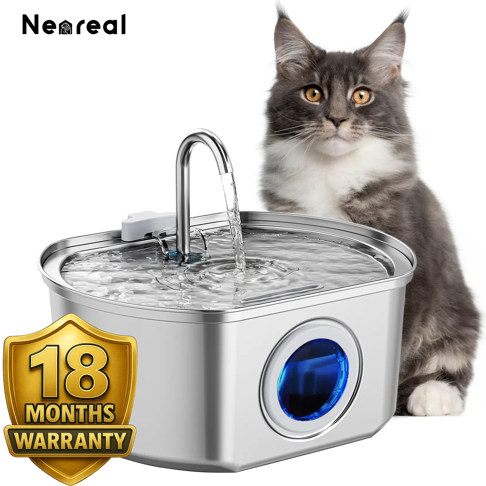 Upgrade From a Bowl to a Fountain Neareal Automatic Pet Water Dispenser with Multiple Filtration Stainless Steel Fountain with LED Window for Cats and