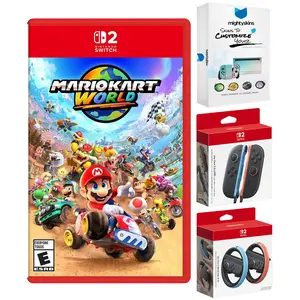Nintendo Switch 2 Mario Kart World with Joy-Con 2 Blue/Red Controllers and Wheel with MightySkins Code