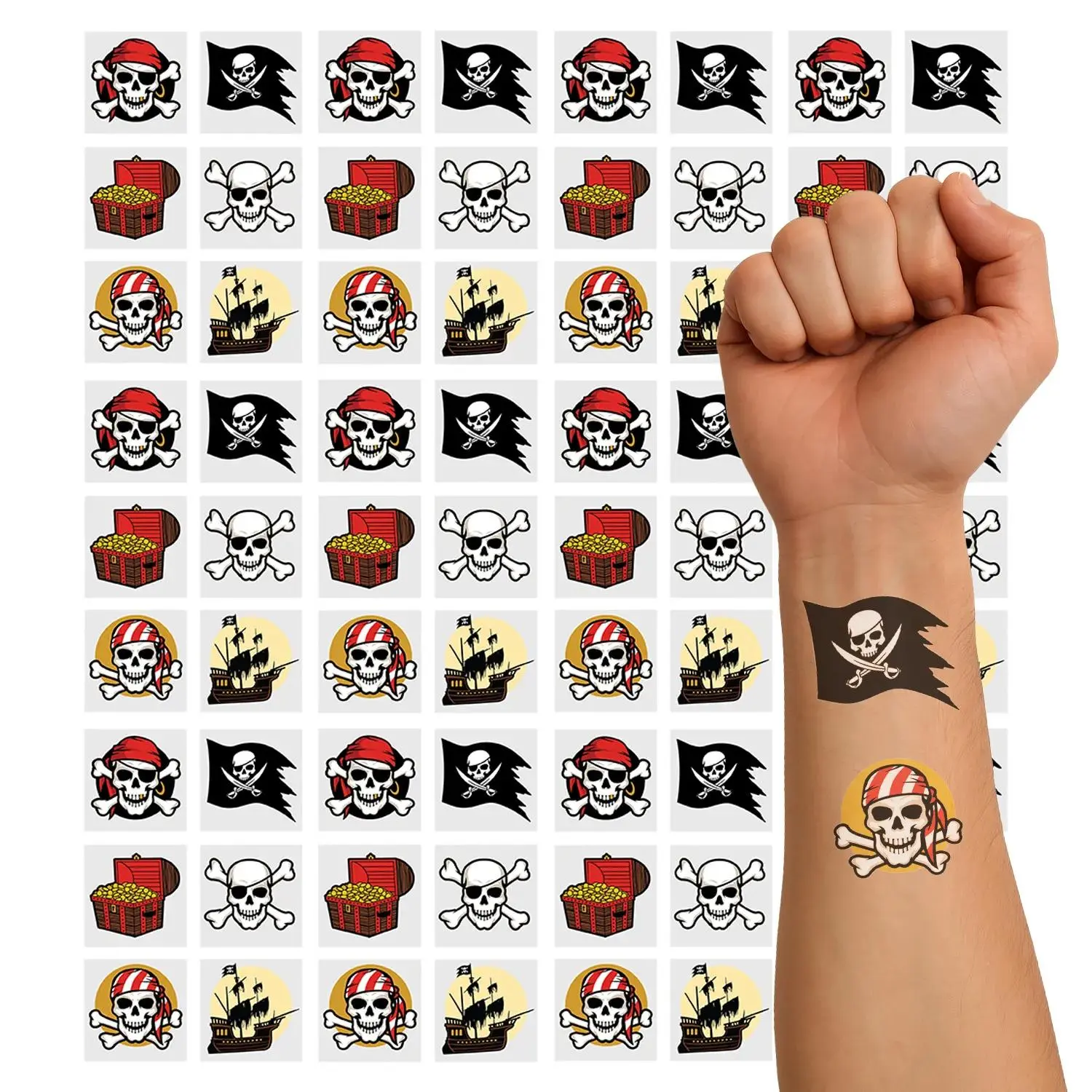 1 1/2" Bulk 72 Pc. Pirate Jolly Roger & Treasures Temporary Tattoos