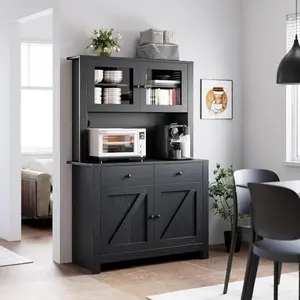 Pantry Cabinet Black Tall Kitchen Storage Microwave Stand Freestanding Hutch Buffet Cupboard Adjustable Shelves Dining Room