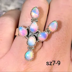 Handcrafted Aurora Opal Cactus Ring sz7-9 with Multi-Colored Opal Stones and Sterling Silver Setting