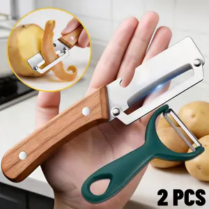Multifunctional Kitchen Peeler - 2 Pack, Wooden Handle, Stainless Steel Blade, Peels Fruits & Veggies