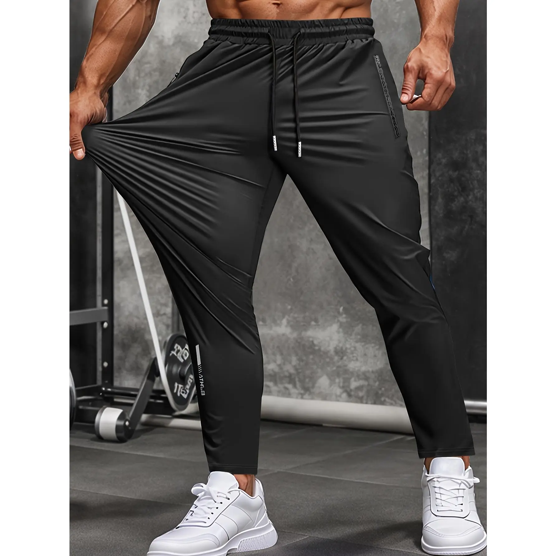 Men's high-stretch casual business-style cropped pants with an elastic waistband; lightweight, cool-to-the-touch ice-silk straight-leg pants with zippered pockets, perfect for golf, casual wear, and everyday use