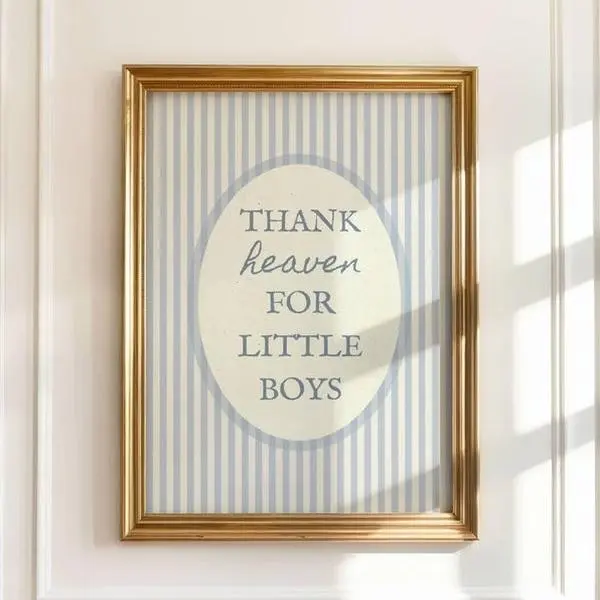 Vintage Artistic "Thank Heaven for Little Boys" Blue Plaid Unframe-Style Printable Baby Boy Nursery Wall Art Poster, Waterproof Steamproof 300 DPI Bath & Kitchen Safe Decor, Houndstooth-Herringbone-Marble Accents, Kid Room Funny Decor