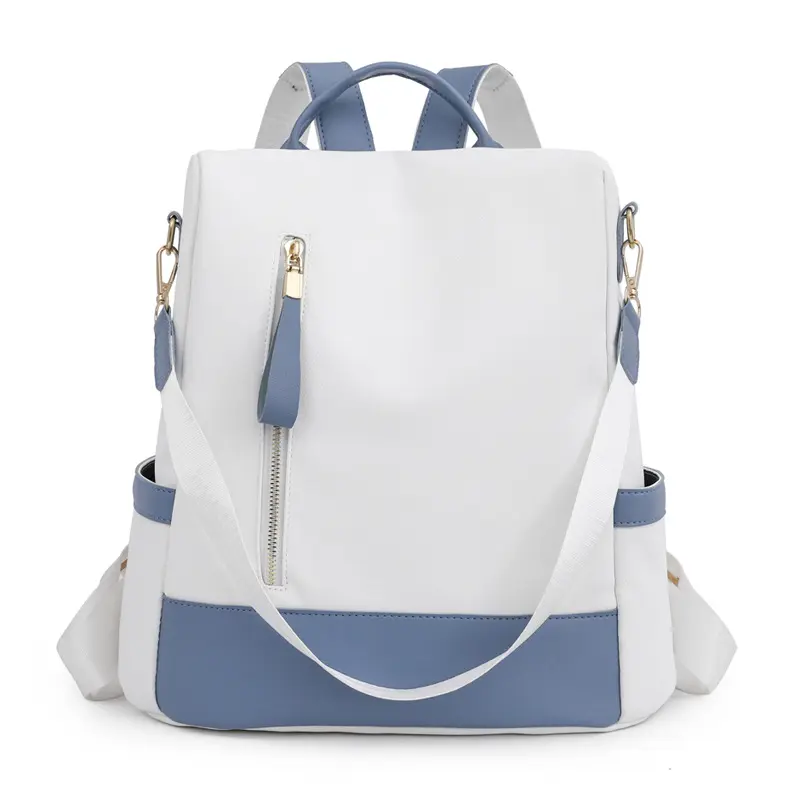 Women's Stylish White & Blue PU Backpack: High-Capacity, Multi-Functional, and Perfect for Daily & Travel Use