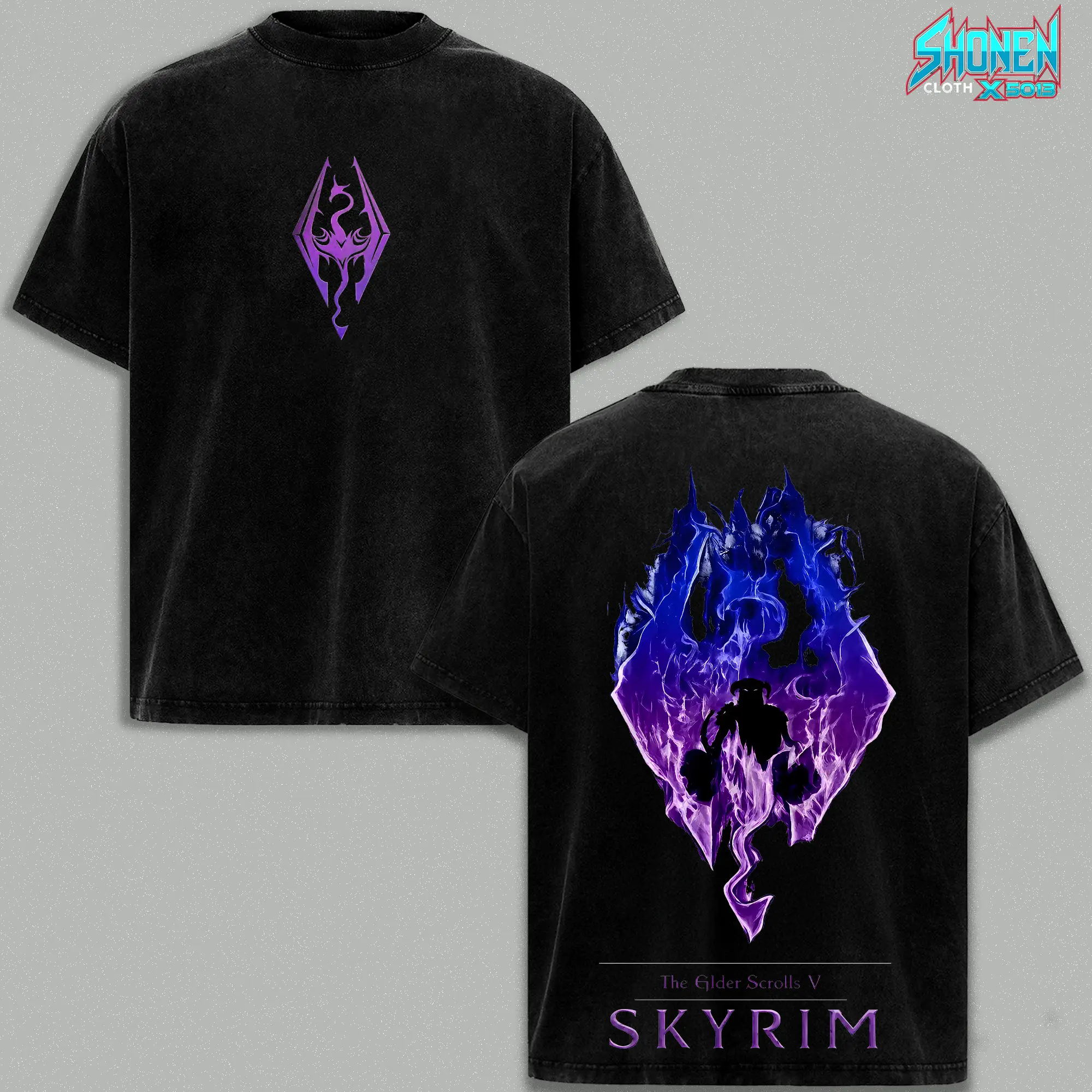 The Elder Scrolls V Graphic Shirt Skyrim Dragonborn Purple Flame Vintage Washed Oversized T-Shirt Magicka Dovahkiin Edgy Streetwear Y2K Merch Tee Gift For Game Fan Clothes