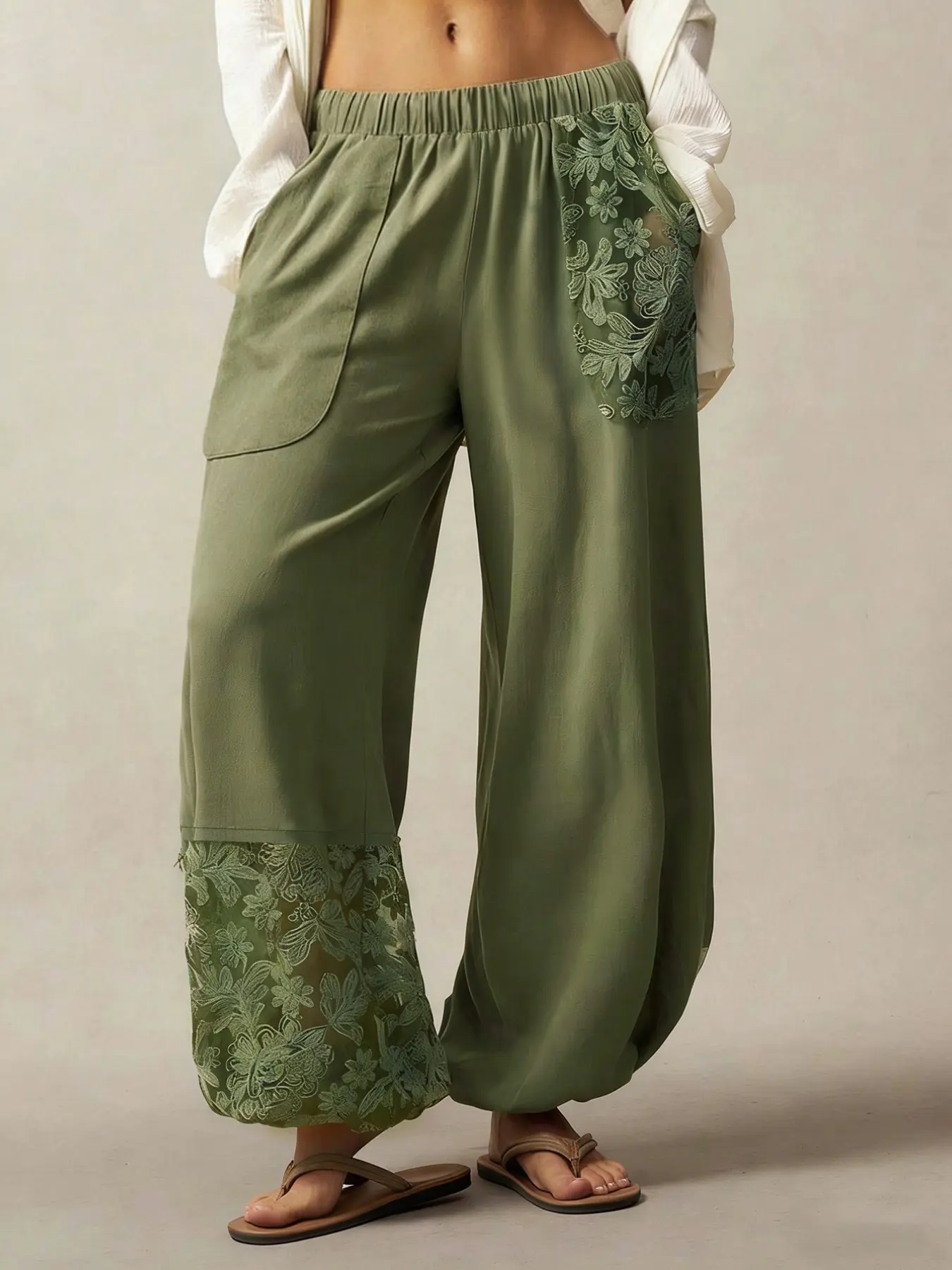 Olive Lace Embellished High-Waisted Loose Fit Pants, Bottoms, Casual Wide Leg Trouser, Versatile, Chic & Flattering, Perfect for Everyday Wear