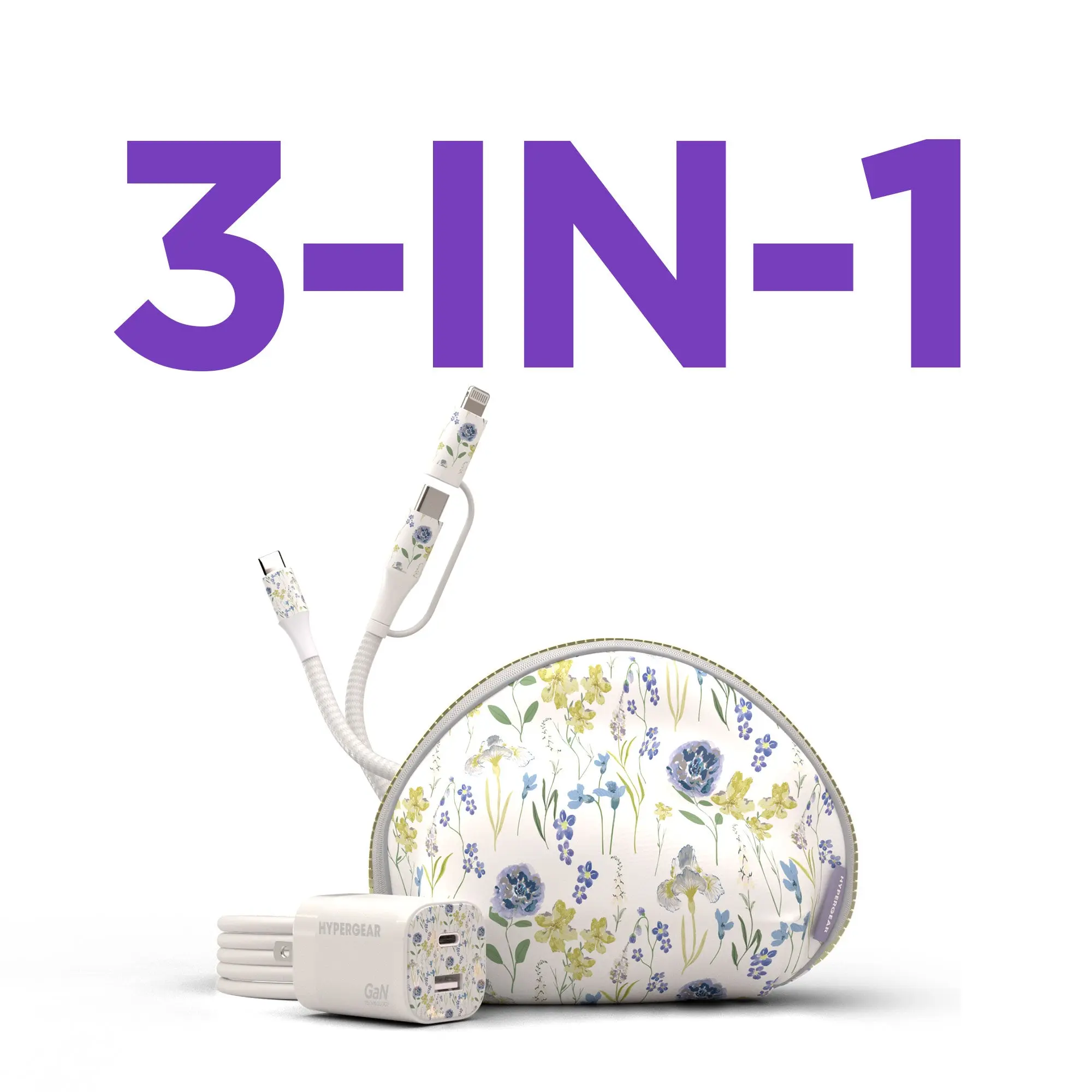 TECHcessories | 30W USB-C PD Charging Kit with Travel Pouch | Floral