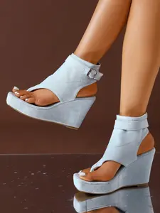 Women's Multi-Color Open Toe High Heel Wedge Sandals, Faux Suede Buckle Thick Sole Waterproof Platform, Comfortable Summer Commuter Heel Shoes