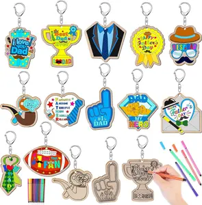 Summer Spring Gift 24pcs Happy Father’s Day Coloring Keychains with Paint Pens, Color Your Own Dad’s Day Keyrings, Fathers Day Craft Wood Colouring Key Chains for Dad Daddy Papa Gift Favors, Kids Activity
