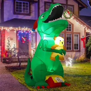 GOOSH 6.5 FT Christmas Inflatables Dinosaur Outdoor Decorations Blow Up Yard T Rex with Xmas Hat Holding a Bear with Built-in LEDs for Garden Lawn Indoor Party Décor