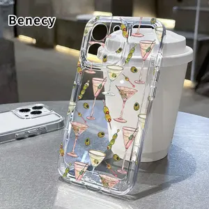 Martini Olive Pattern TPU Pattern Phone Case for iPhone 15 16 14 Pro Max 13 12 11 XR XS Plus Non-Yellowing Clear Crystal Drop-proof Protection Slim Silicone Cover Cellphone Protective