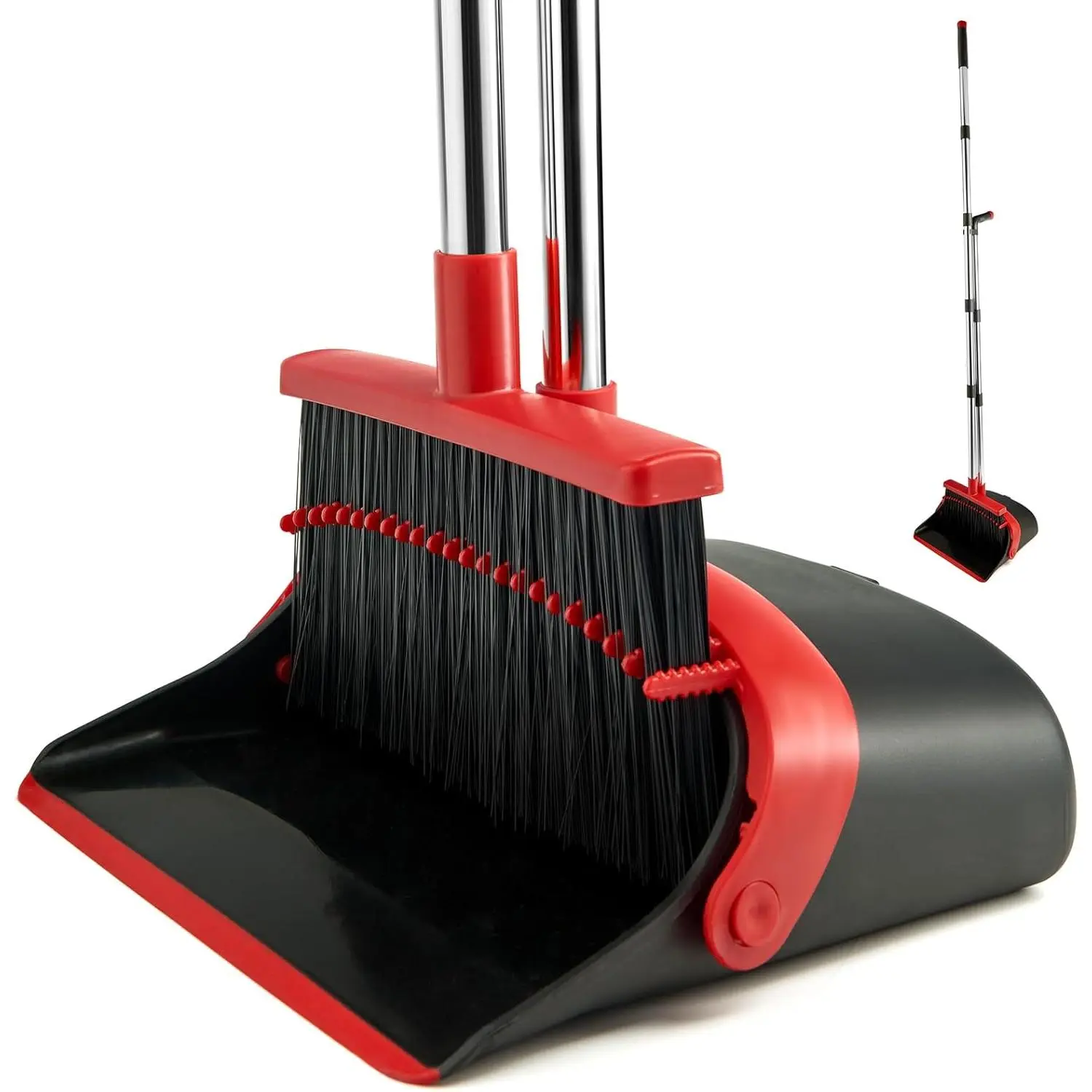 Plastic Broom and Dustpan Combo Set with Long Handle and Cleaning Teeth for Home and Office Indoor Floor Sweeping, 1 Pack, Black/Red, Home/Office, Black/Red, 1 Pack