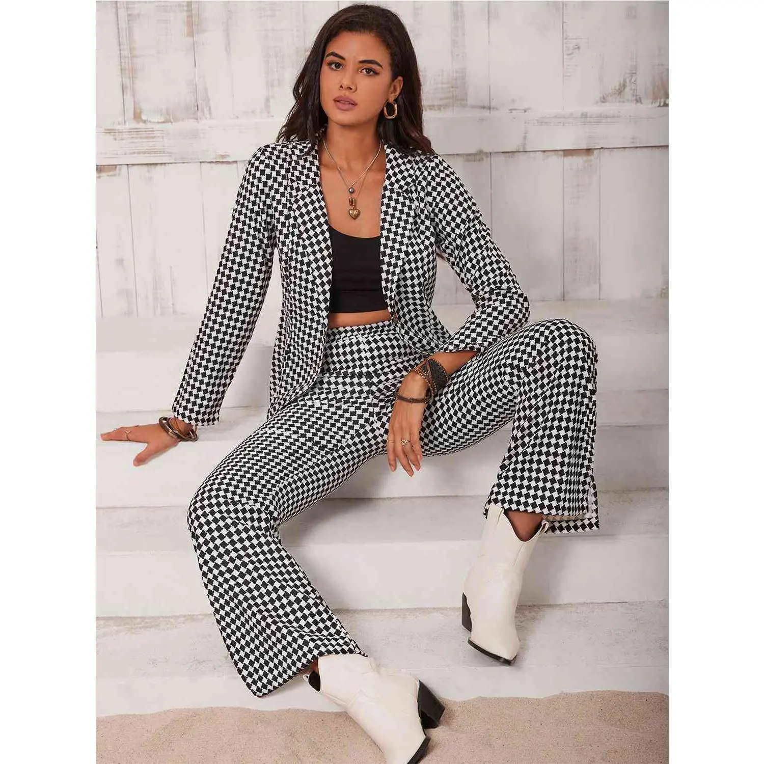 Checkered Blazer & Slit Pants Set