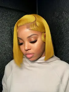 Bob cut wig Style Straight yellow color Short Hair Wig Daily Party Cosplay Holidays Use Wig 13X4 Lace Elegant Straight Human Hair Wig for Women Bob Wigs