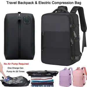 2-in-1 Travel Backpack & Electric Compression Set, 35L Carry-On Approved Weekender with Rechargeable Vacuum Storage, Water-Resistant Laptop Pocket, Shoe Compartment, TikTok Travel Essential Father's Day Gift outdoorfun