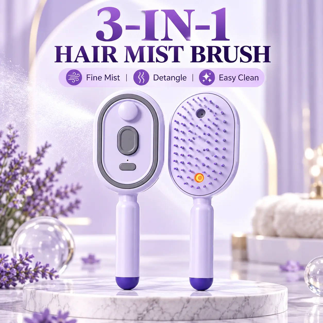 Electric Spray Hairbrush for Women, 3-in-1 Rechargeable Hair Mist Comb with Self-Cleaning Button, Gentle Detangling Brush with Scalp Massage Bristles, Fine Water Mist Sprayer, Portable USB-C Hair Care Styling Tool for Home & Travel, Purple