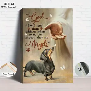 1Pcs Framed 2D Flat Warm Pet Theme Decorative Painting Dachshund and God's Hand Canvas Framed Wall Art Living Room Bedroom Home Decoration Christian Faith Gift with Butterfly and Paw Print Elements