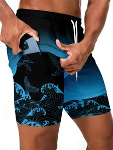 New 2026 Men's Shark Print Quick-Dry Beach Shorts, Swimming Shorts, Dual-Layer Swim Trunks, Surfing Shorts with Phone Pocket, Casual Fitted Style, Swimwear Shorts