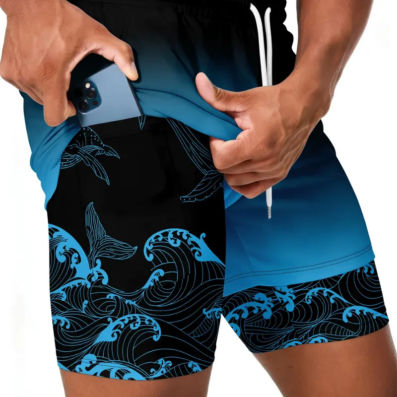 New 2026 Men's Shark Print Quick-Dry Beach Shorts, Dual-Layer Anti-Embarrassment Surfing Shorts with Phone Pocket, Casual Fitted Shorts, Pockets Swimming Shorts, Summer Swim Bottoms, Swimwear Shorts
