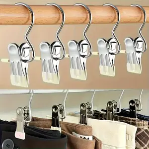 12 Stainless Steel Hooks with Metal Clips, Rustproof Non-Slip Multi-Functional Three-In-One Clothes Hanger, Hang Scarves Pants Towels Socks