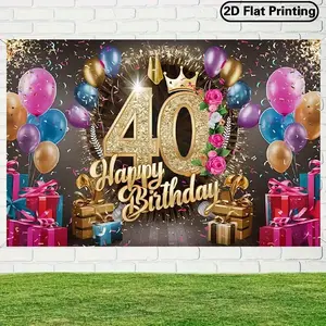Golden & Pink Birthday Banner - Large Happy Birthday Number 40 Decoration with Balloon Accents, Non-Electric Party Backdrop for 40th Birthday Party, Anniversary, Graduation - Durable Polyester Fabric Decorations, Birthday Party Decorations Ornaments White