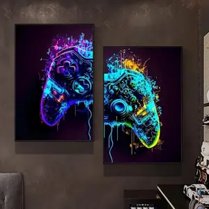 2pcs Colorful Game Controller Art Posters, Modern Neon Canvas Prints, Unframed Art Print for Bedroom, Gaming Room, Boys' Room Wall Decor, No Frame Included