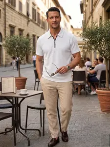 Men's Short Sleeve Polo Shirt, Quarter Zip Textured Knit, Casual Summer Slim Fit Lightweight Golf Shirt, Comfortable and Stylish, Fashion