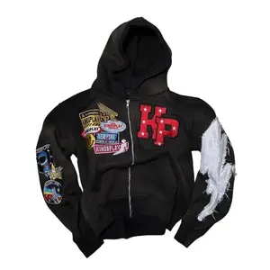 Hoodie with Colorful Kingsplay Patches and Distressed Sleeve Design