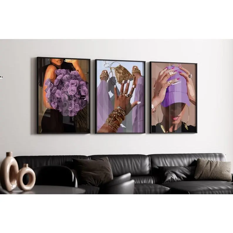 Black Woman Art Prints: Purple Fashion Set of 3 Poster #7fa45