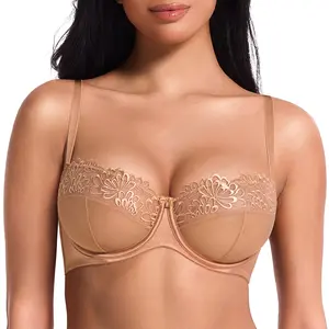 Deyllo Women's Sheer Lace Push Up Bra See Through 3/4 Underwire Unpadded Mesh Bra for Everyday