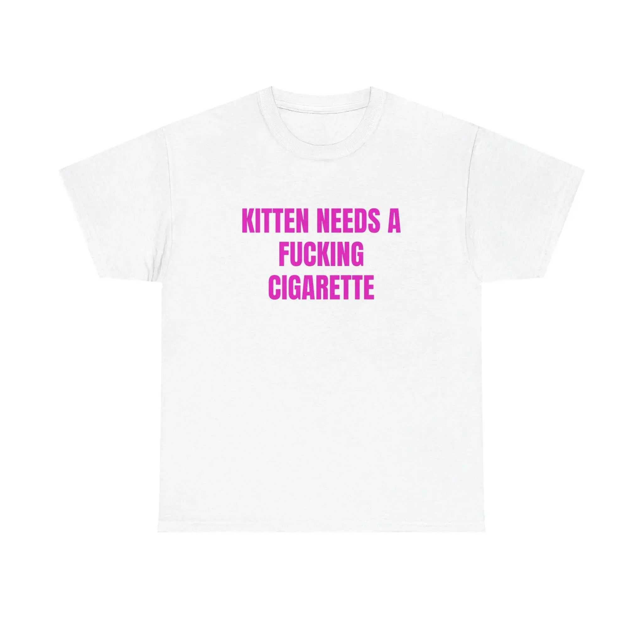 Kitten Needs A Cigarette Graphic Tee Funny Cat Shirt Sarcastic Quote T Shirt Stress Humor Pink Statement Tee Cute Animal Print Short Sleeve Casual Unisex Streetwear Fashion Top Gift for Women