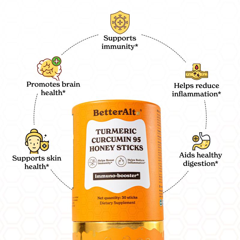 BetterAlt Curcumin95 Honey Sticks | All Season Immunity Support | Turmeric, Black Pepper & Ginger | Iron, Zinc, Vitamin B & C | 30-Day Supply