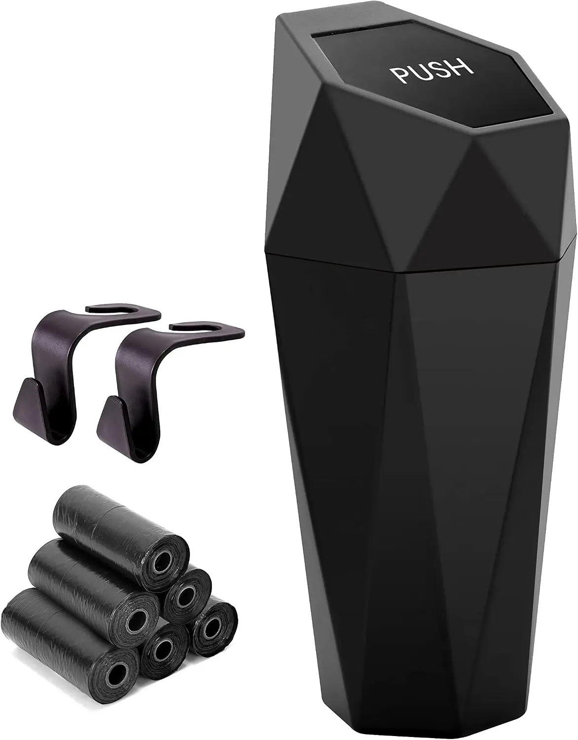 Car Trash Can Cup Holder, Mini Car Trash Can with Lid, Car Accessories for Interior, Leakproof Small Trash Cup for Car, Home, Office, Bedroom with Additional 2 Hooks and 90pcs Trash Bags Black