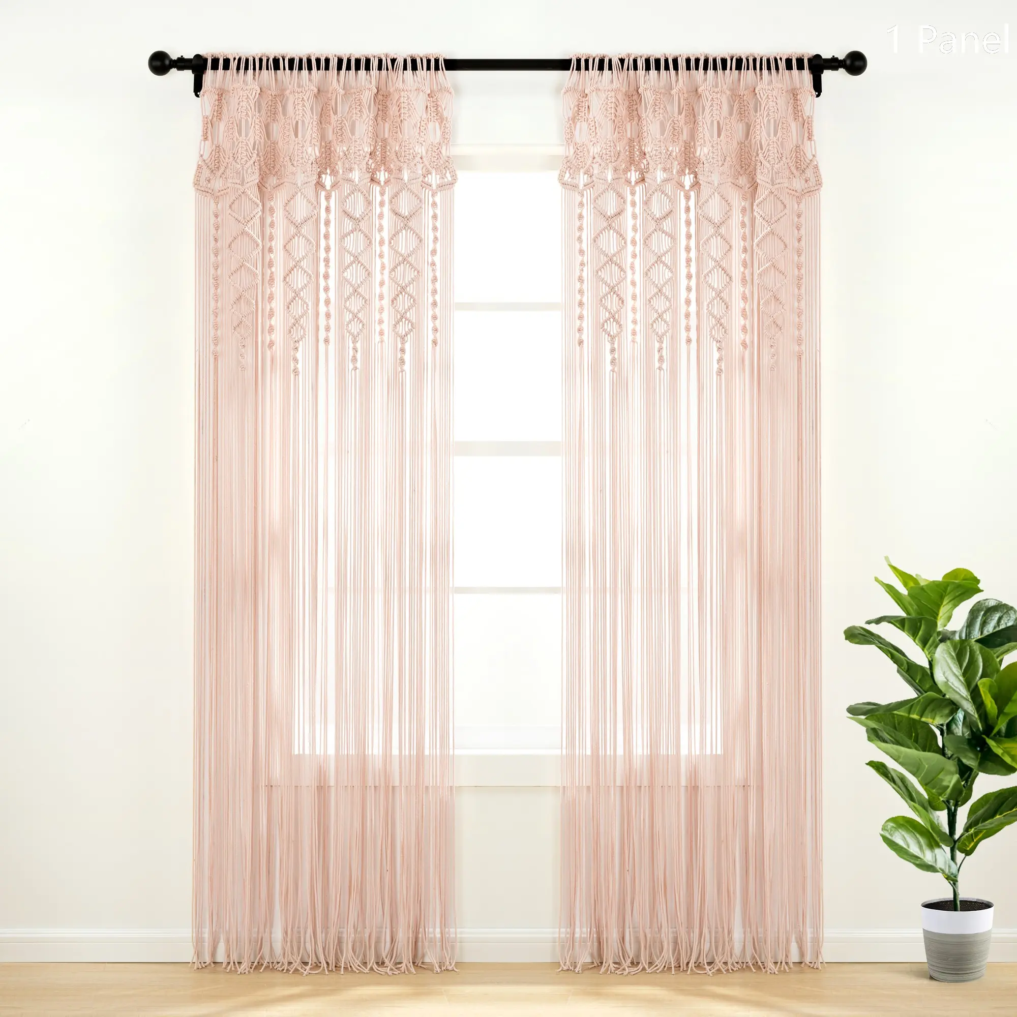 Lush Decor Boho Macrame Textured Cotton Window Curtain (Single Panel) - Sold Individually - 40"W x 63/84/95"L Geometric Patterns Handcrafted Room Divider Wall Art Made in India