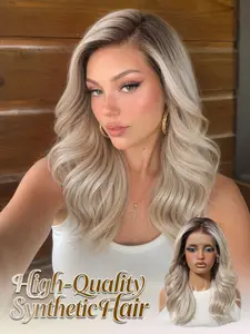 Topshe High-End Daily Style 13x6 HD Lace Gradual Gold Medium-Length Wavy Synthetic Hair Wig, 18 Inches, No Glue, Heat Resistant, Versatile, Glueless Wig