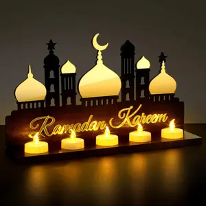 Islamic Decorations Islamic Candle Holder with 5 LED  Candles Wooden  Islamic Tabletop Decors Ramadan Kareem Eid Mubarak Sign Muslim Gifts for Home Table Party Decorations(Classic)