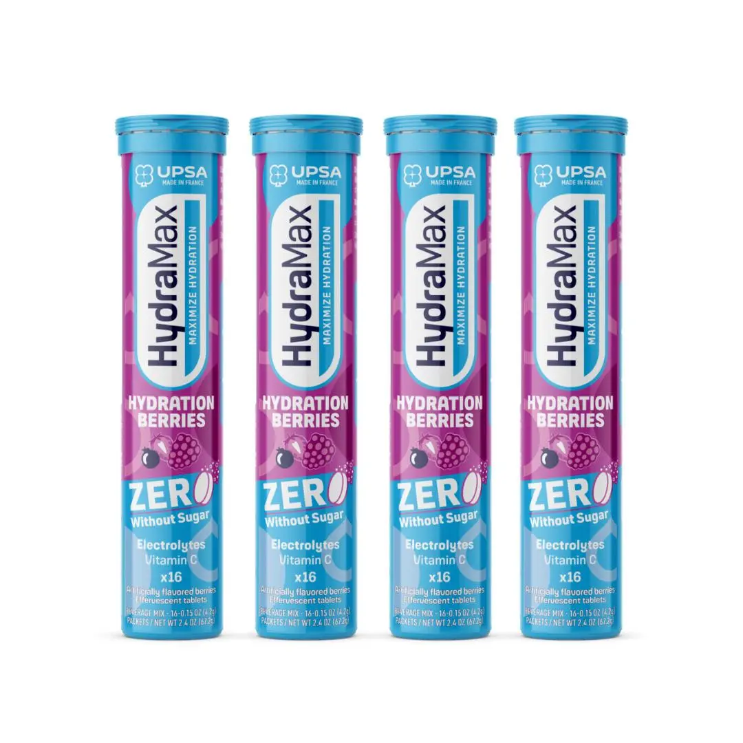 HydraMax Hydration Berries Zero 4 Packs – Sugar-Free Electrolyte Effervescent Tablets, Magnesium, Berry Flavor, 16 Tablets, Daily Supplement, Multivitamin