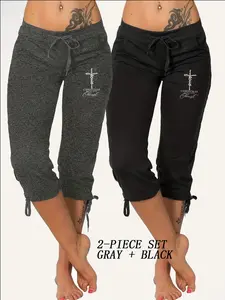 Women's Lightweight Seven-Quarter Pants with Adjustable Drawstring Waist, Comfortable Fit and Fashionable Geometric Casual Style for Spring and Summer