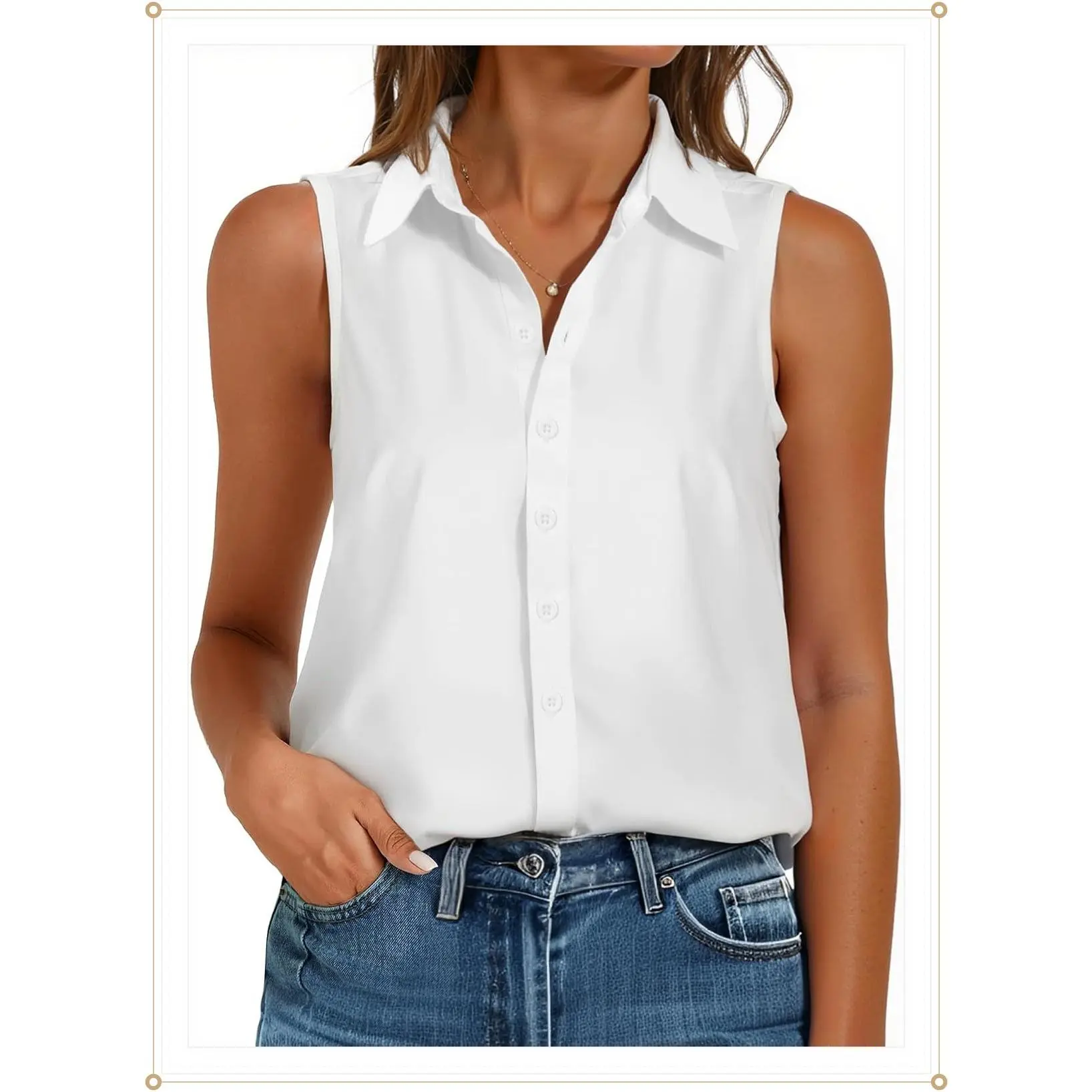 Women's Sleeveless Button Down Blouse, Solid V Neck Classic Collared Tank Top, Casual Work Office Chiffon ShirtGift