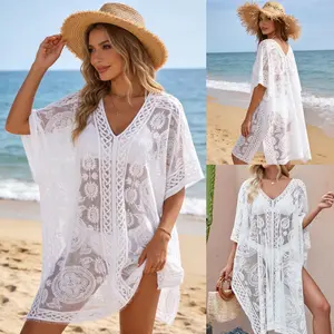 Summer V-neck patterned cover-up, fashionable, breathable, versatile, transparent, loose lace, sexy cover-up, beach dress, bikini sun protection shirt