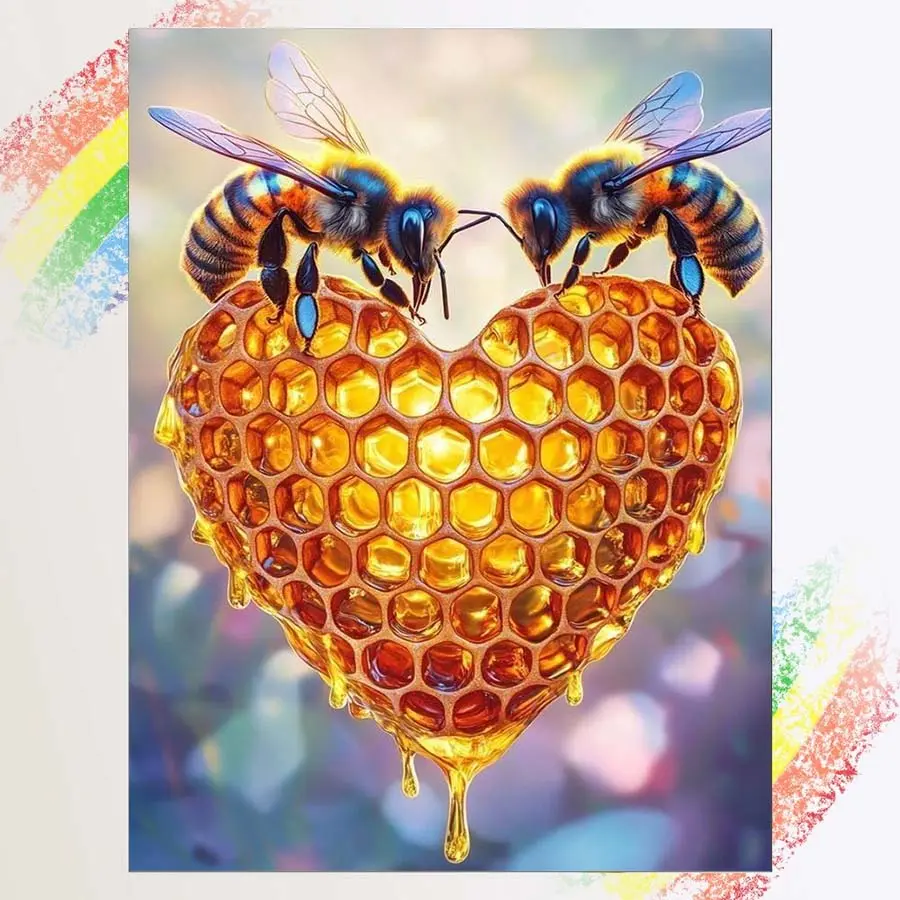 1pcs 5D DIY diamond painting kit, Handicraft, DIY home decoration, bee, honeycomb, heart-shaped full round diamond DIY, mosaic, diamond art, suitable for Halloween and Christmas