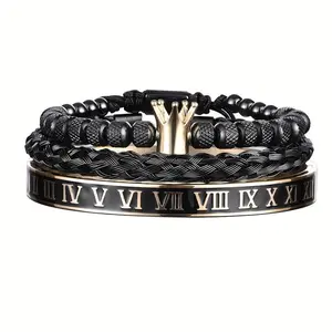 Men's Luxury Stainless Steel & Copper Roman Numerals Crown Charm Bracelet Adjustable Open Cuff Black Golden Glam Style Jewelry for Daily Wear Parties Gifts Royal Aesthetic Luxurious Finish Stylish Wristwear High Quality