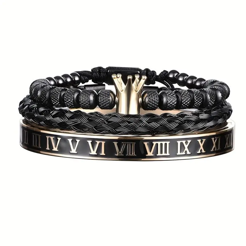 Men's Luxury Bracelets & Bangles, Stainless Steel & Copper Open Cuff with Roman Numerals & Crown Charm, Adjustable Black and Gold Royal Style for Daily Wear, Glamorous, Elegant, Golden, Male, Parties