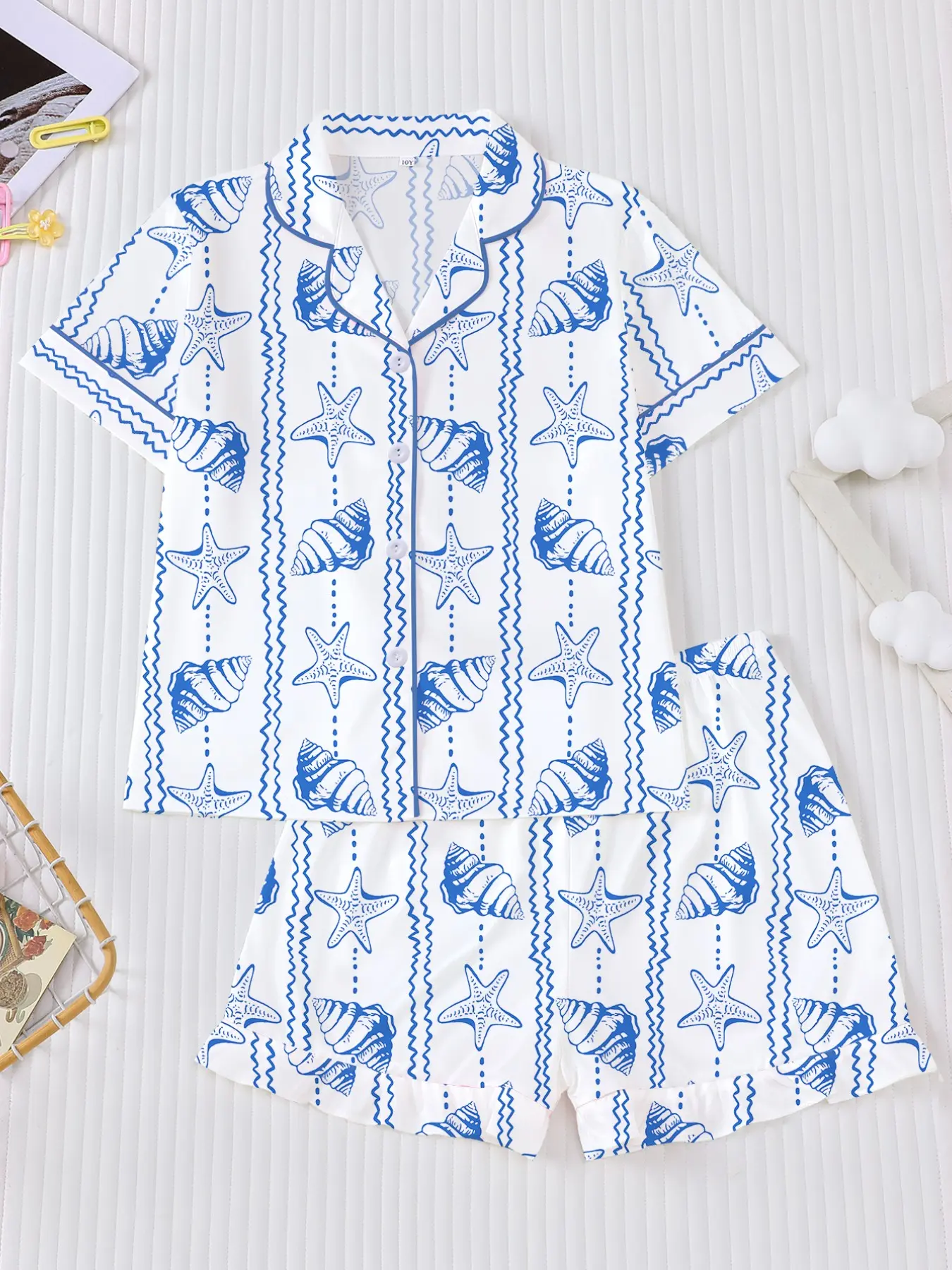 Cute Ocean Style Starfish Conch Print Kids Fire Retardant Cartoon Print Pajama Set, Short Sleeve Button Front Shirt and Elastic Waist Shorts, Cartoon Pattern Pajamas