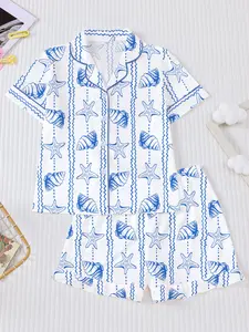 Cute Ocean Style Starfish Conch Print Kids Fire Retardant Pajama Set, Short Sleeve Button Front Shirt and Elastic Waist Shorts, Cartoon Print Pajama